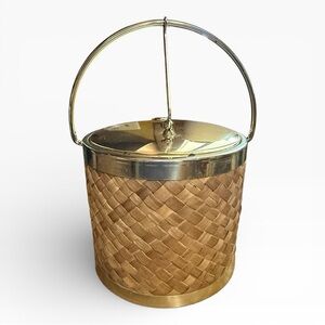 Mid Century Raffia and Gold Ice Bucket by Kraftware Co. NYC
